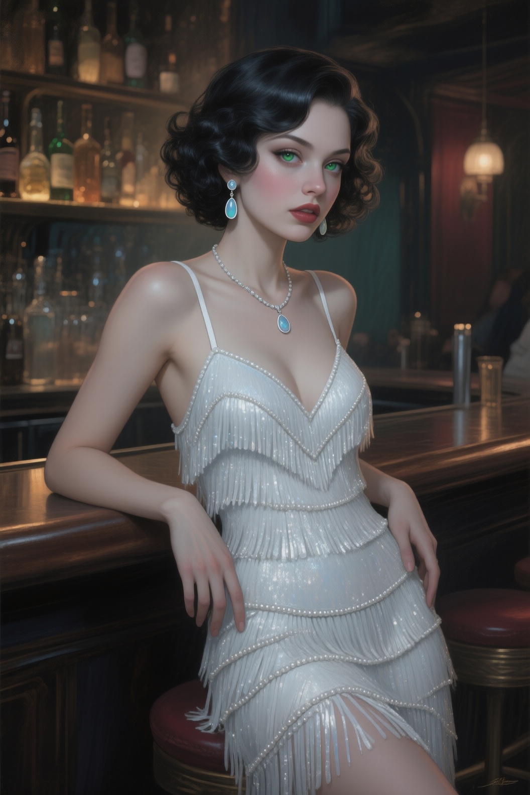 Realistic oil painting. MiraNoirona,  Mira_Young,  shiny black curly hair on Tensor.Art