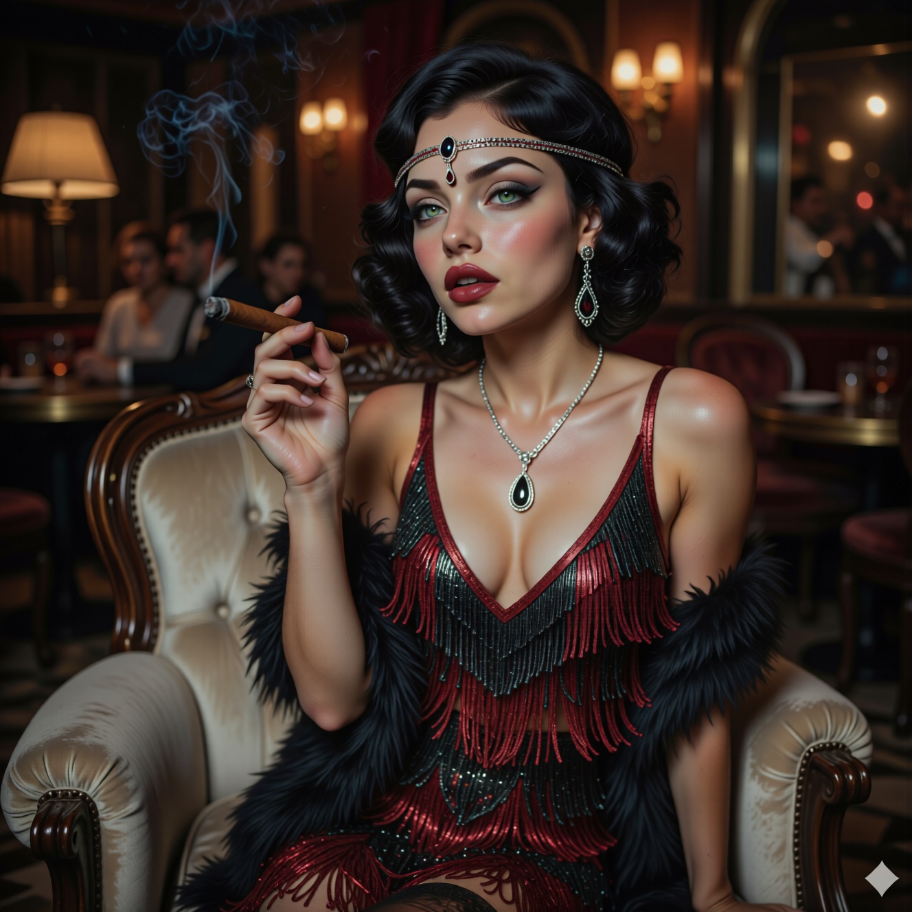 shiny black curly hair,  short fingerwave hair combed and sculpted into shining waves. She's wearing an elegant spaghetti...