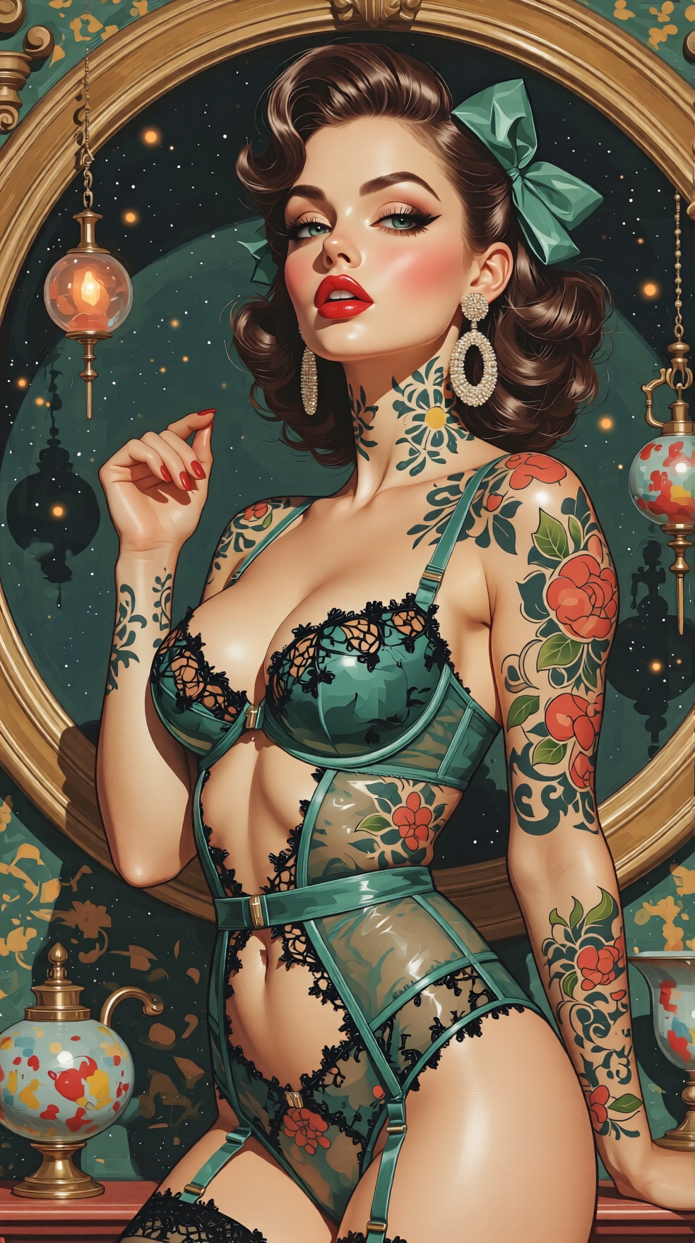 1950s vintage style pinup girl. A beautiful woman wearing vintage lingerie,  radiating a distinct pin-up style. The pin-up...