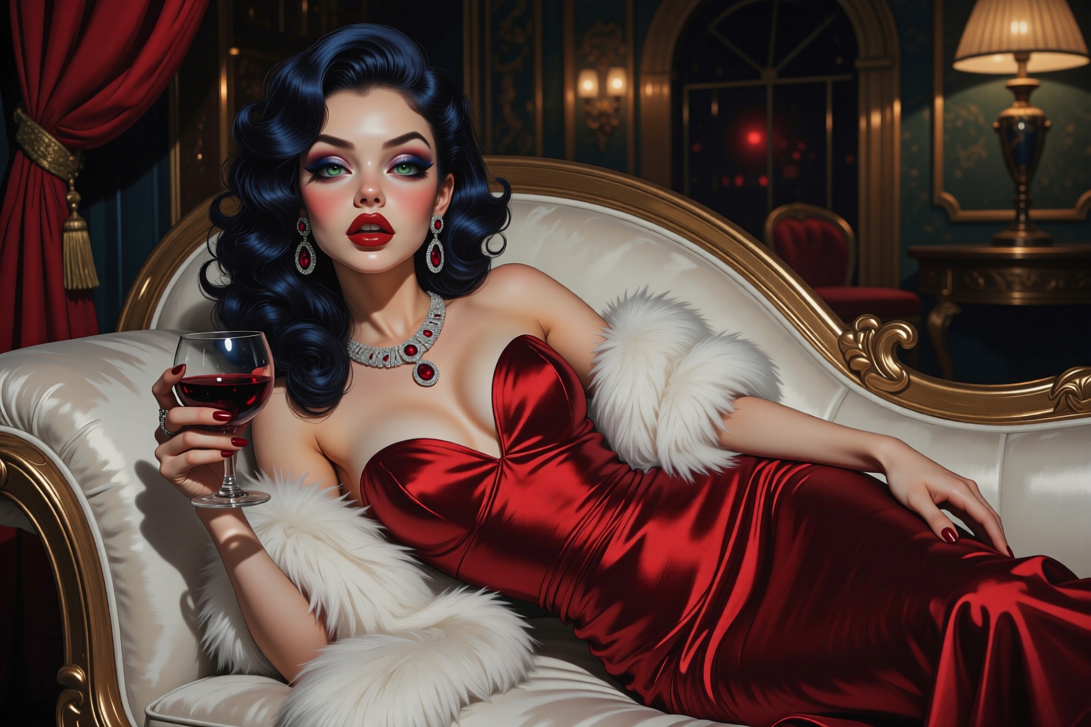 Realistic oil painting. long shiny black curly hair,  styled side-swept sculpted hair. She's wearing an elegant lustrous s...