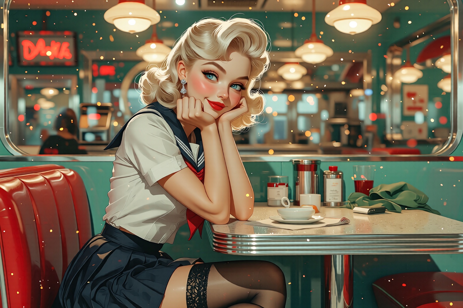 (1950s pinup girl sitting in a diner by Kevin Tong,  Nicola Samori,  full_body) on Tensor.Art
