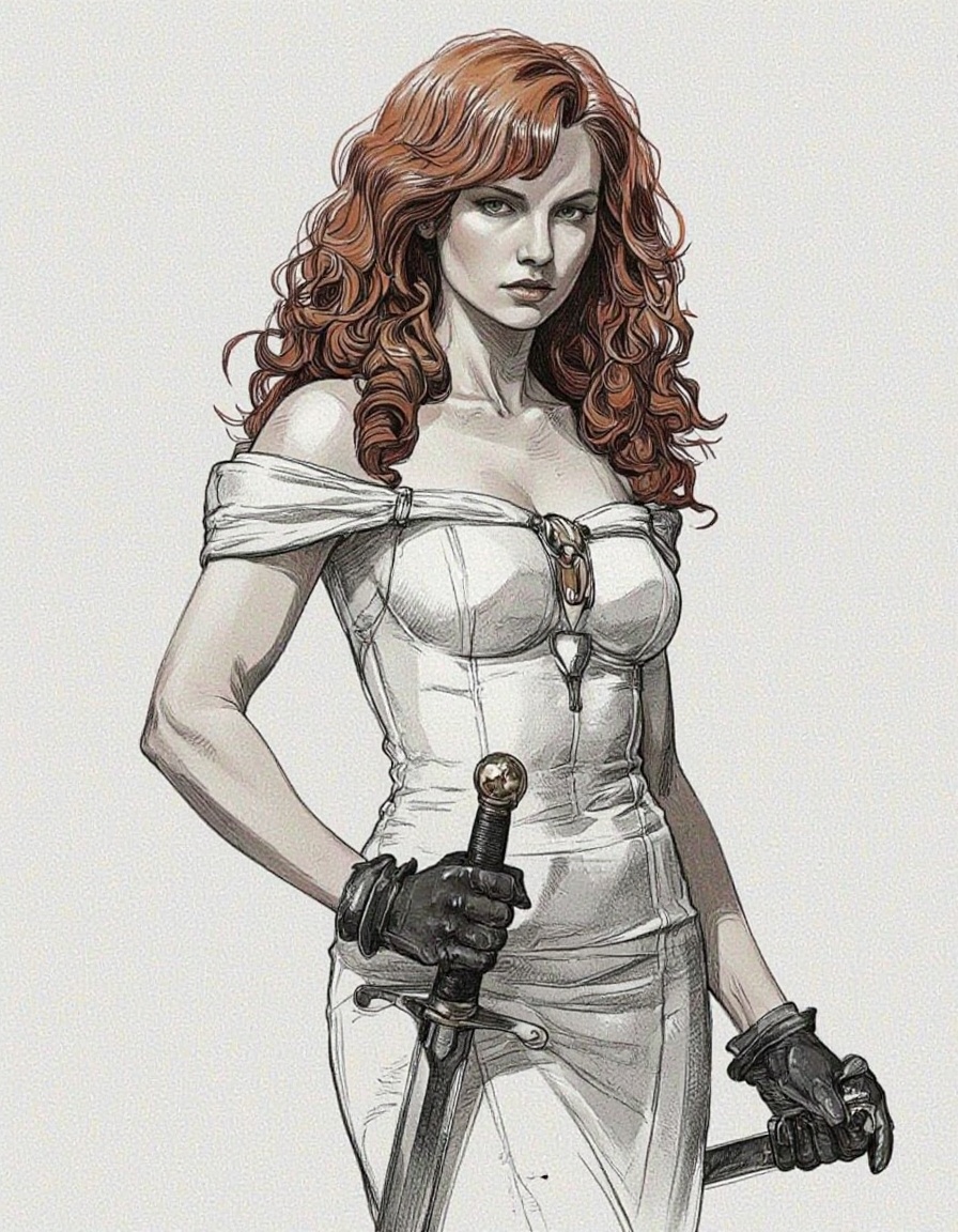 Illustration in Serbosa style. A detailed sketch of a woman with curly,  wavy red hair,  wearing a white off-the-shoulder...