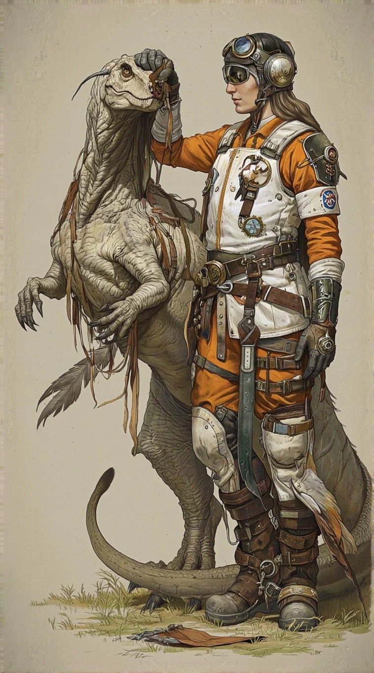 Illustration in Serbosa style. The image is a detailed,  high-fantasy artwork featuring a humanoid character and a dinosau...
