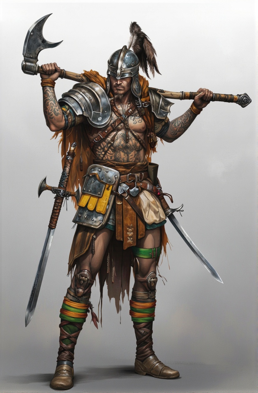 Illustration in Serbosa style. The image depicts a highly detailed character in a fantasy or medieval setting,  characteri...