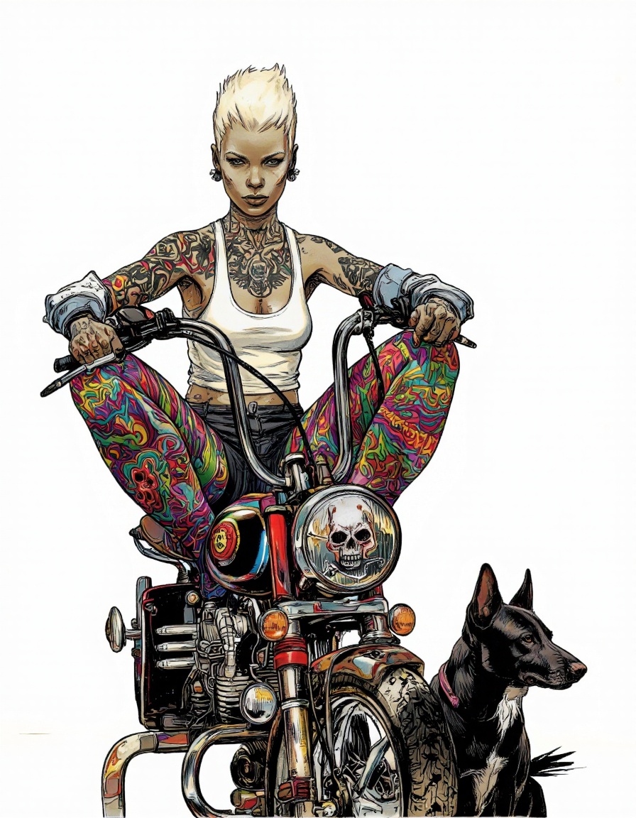 Illustration in Serbosa style. A digital illustration of a woman with a pale complexion and dark skin,  sitting on a motor...