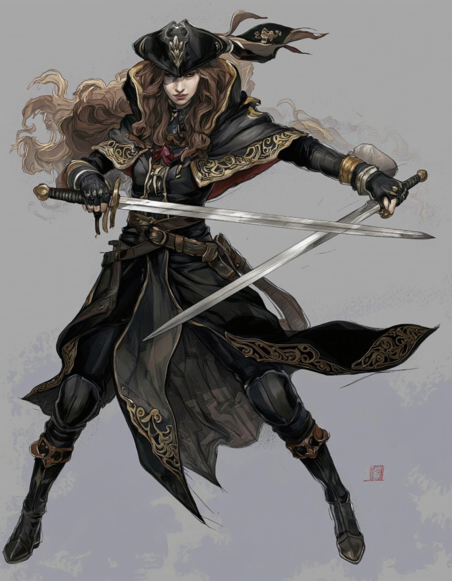 Illustration in Serbosa style. A detailed sketch of a female character in a dynamic stance,  holding two swords in each ha...