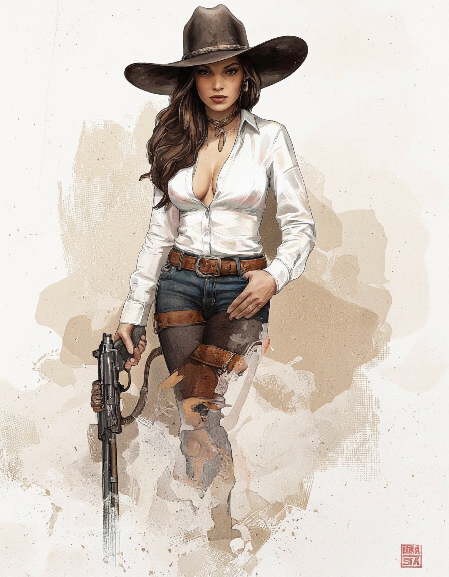Illustration in Serbosa style. A digital illustration of a sexy,  curvy woman with long,  wavy brown hair on Tensor.Art