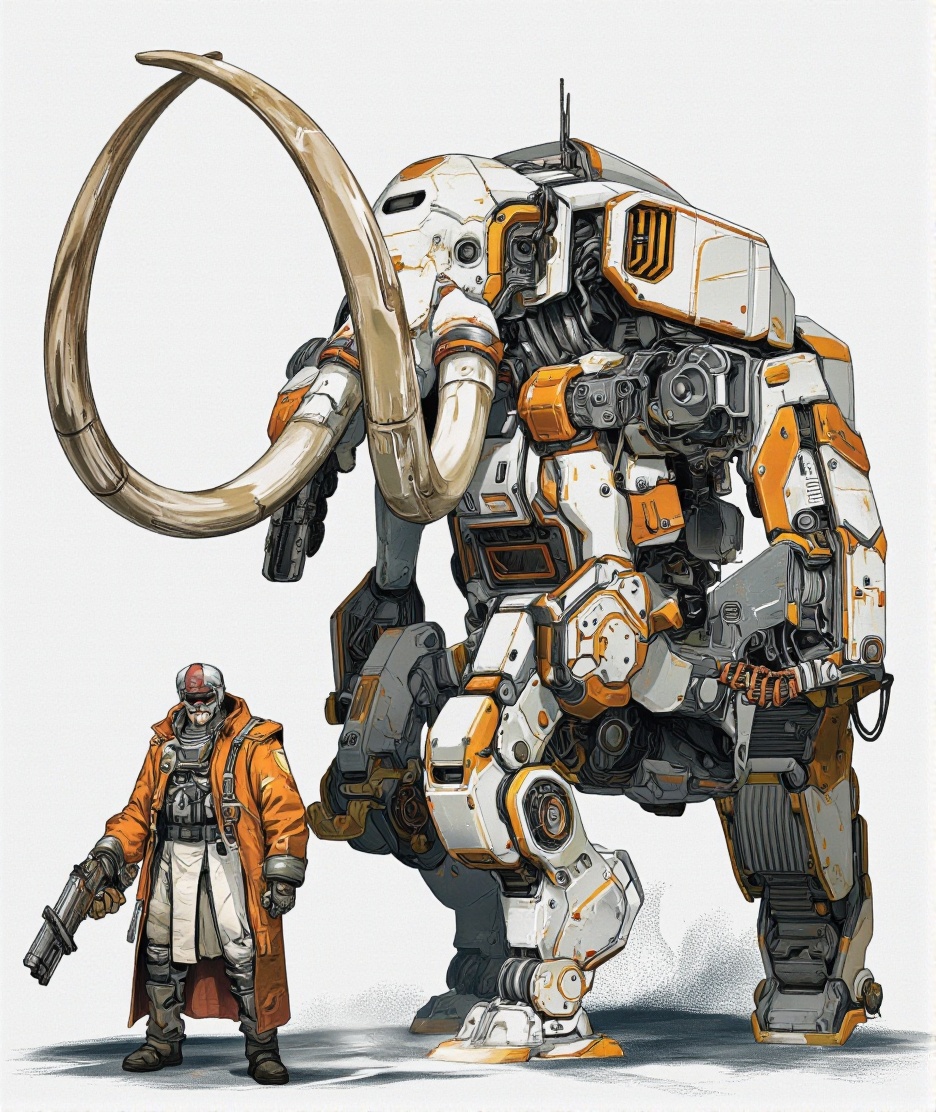 Illustration in Serbosa style. A detailed digital illustration of a humanoid robot with a large,  articulated mammoth-like...