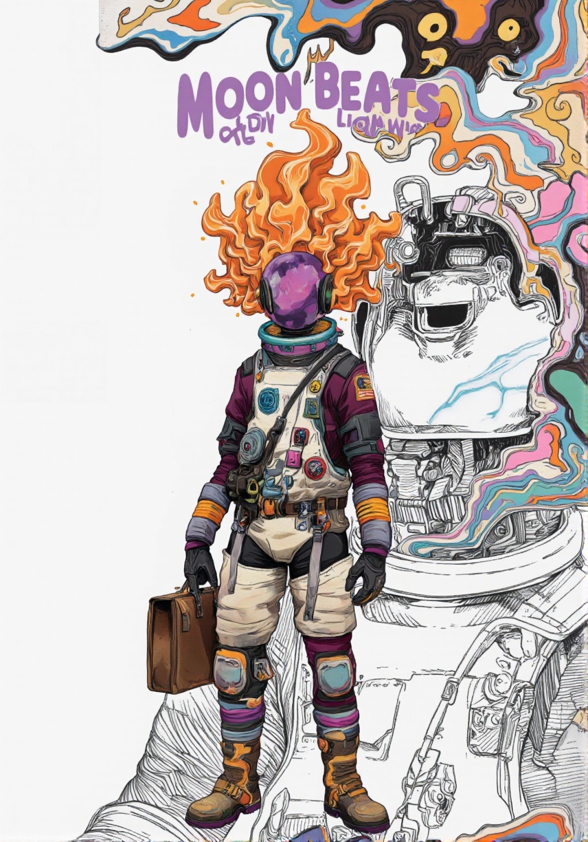 Illustration in Serbosa style. A digital illustration of a humanoid character with a unique,  psychedelic design,  wearing...