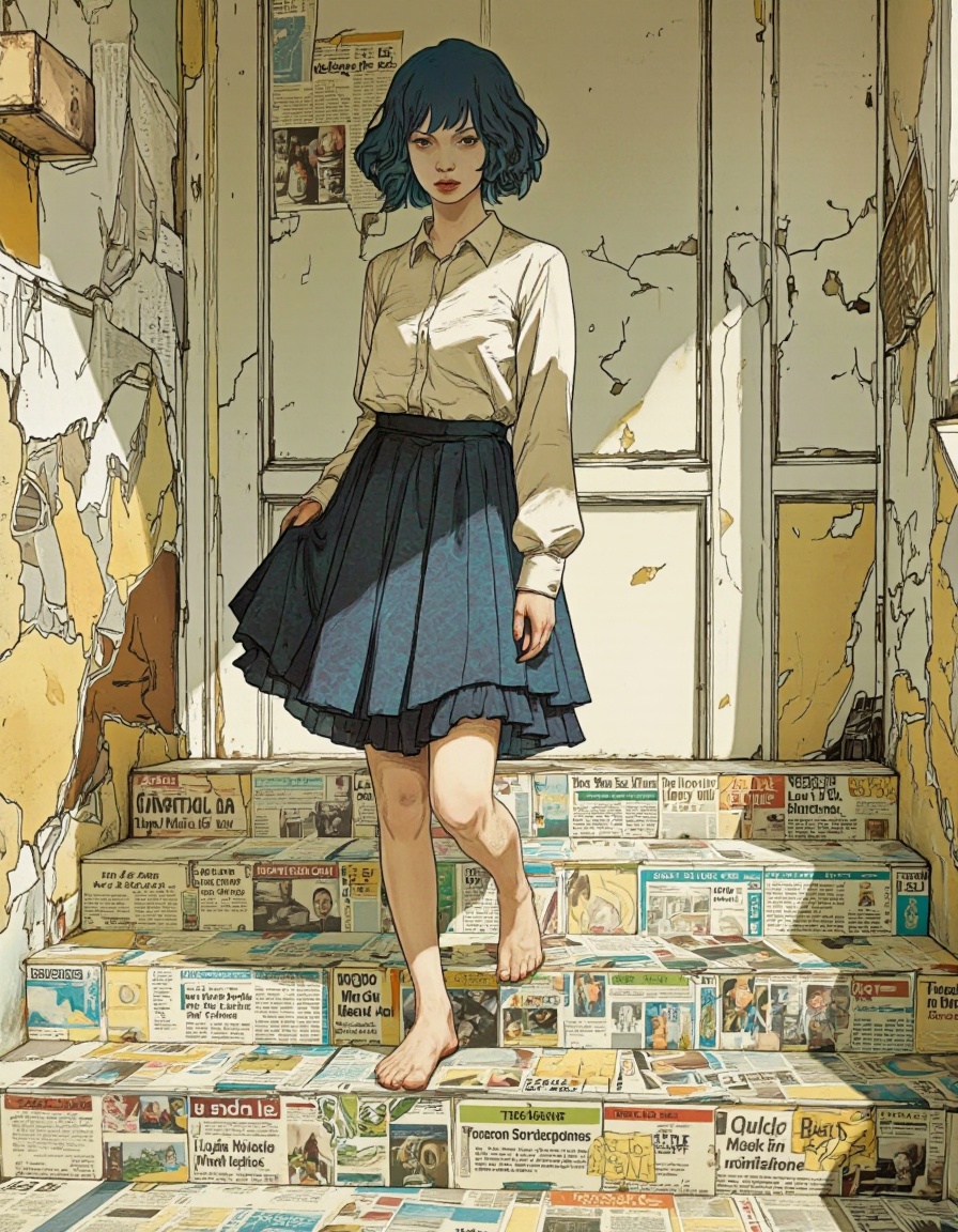 Illustration in Serbosa style. A digital illustration of a young woman with short,  wavy blue hair standing on a set of st...