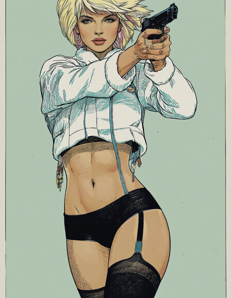 Illustration in Serbosa style. Anime-style illustration of a curvy woman with short blonde hair,  wearing a white fur crop...
