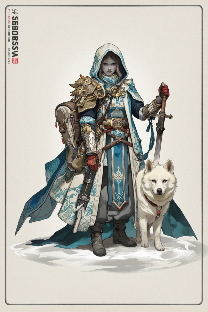 Illustration in Serbosa style. A digital illustration of a young woman with pale skin,  wearing a blue and white hooded cl...