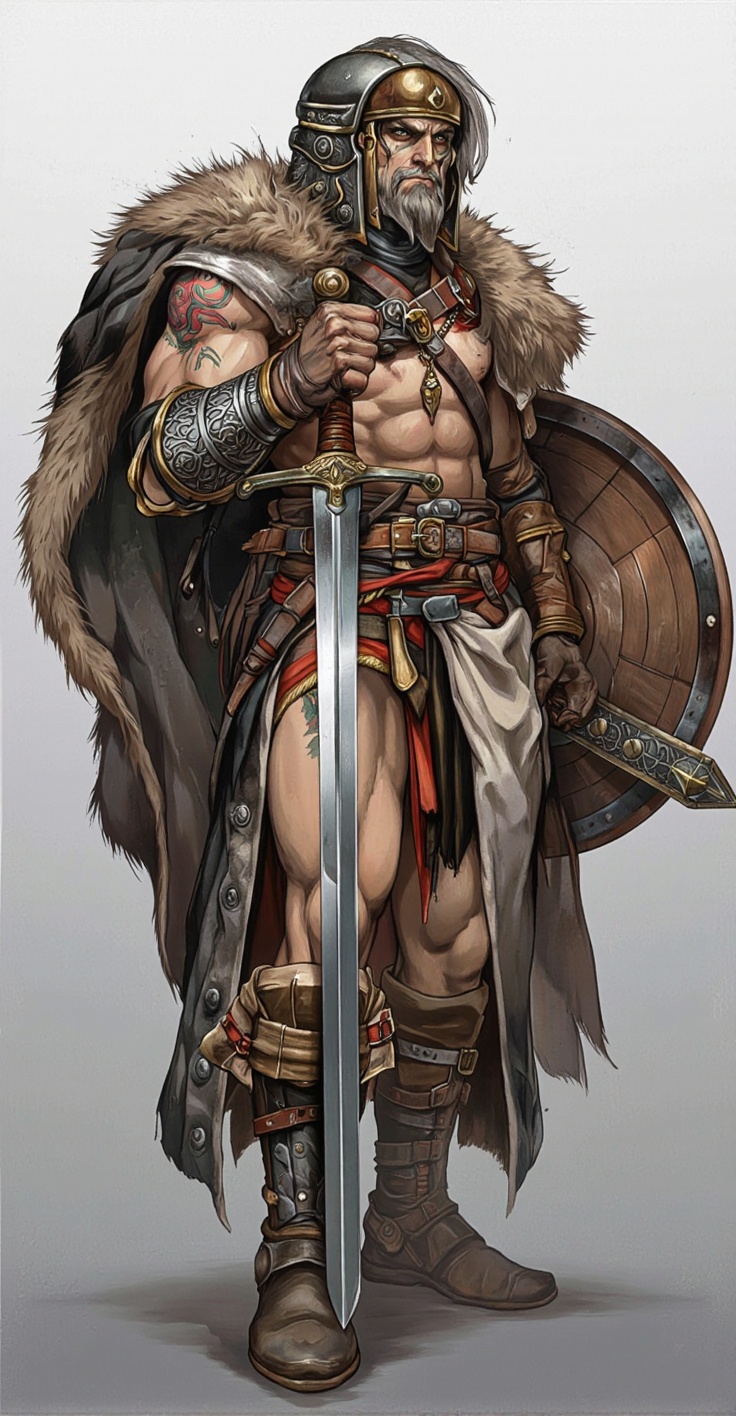 Illustration in Serbosa style. This image showcases a highly detailed and stylized illustration of a warrior character. Th...