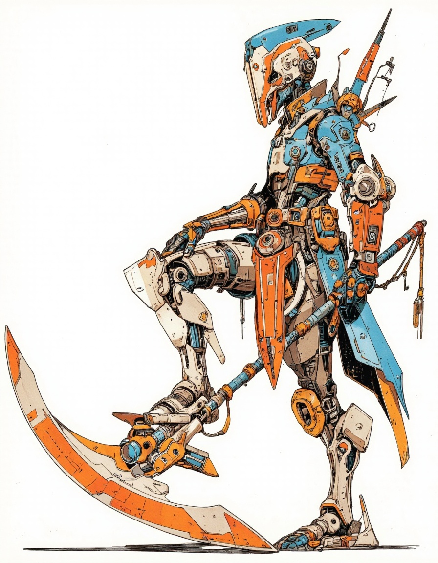 An illustration in Igoratuk style. A futuristic,  sci-fi humanoid robot with a blue and orange color scheme,  standing wit...