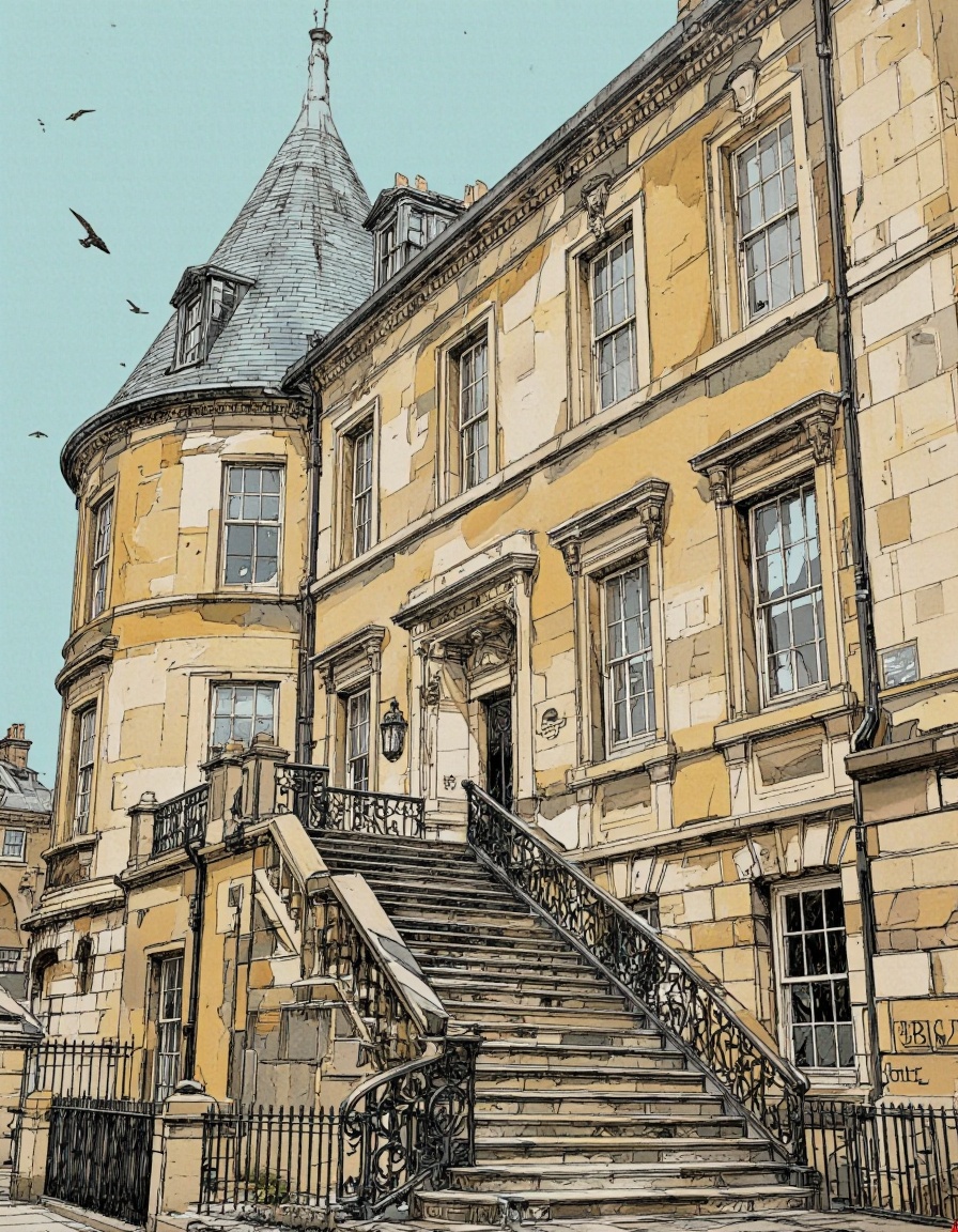 An illustration in Igoratuk style. A detailed,  sketch-like digital painting of a historic building in Edinburgh,  Scotlan...