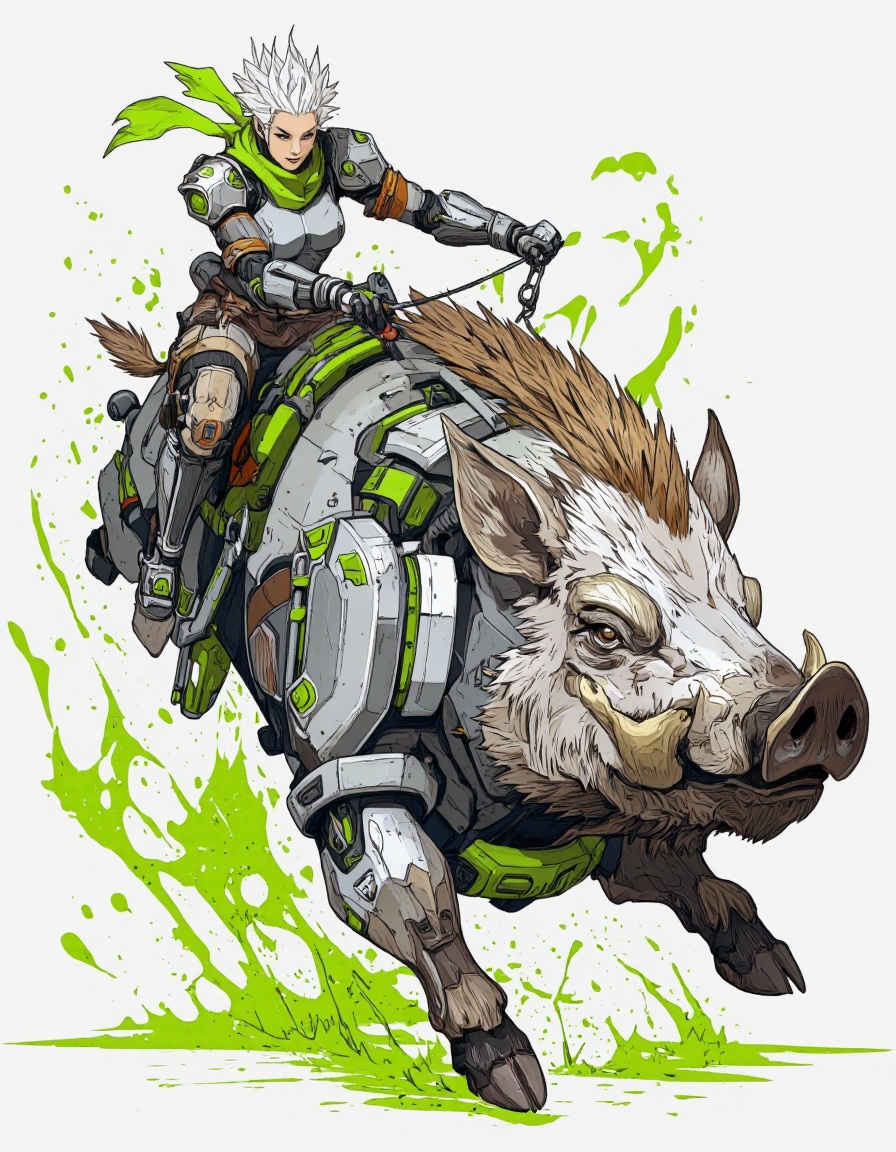 An illustration in Igoratuk style. A digital illustration of a futuristic female character riding on the back of a large,...