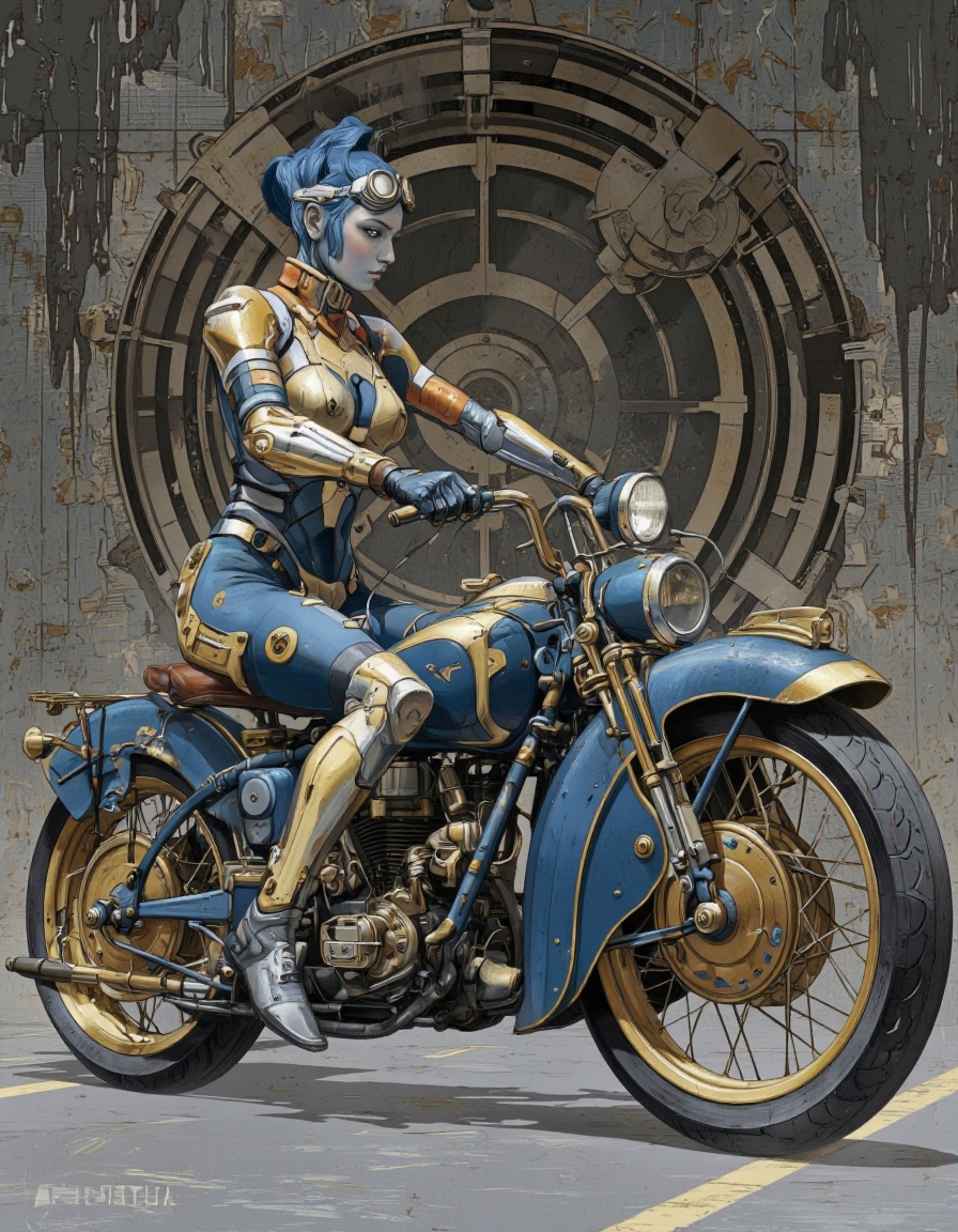 An illustration in Igoratuk style. A futuristic,  cyberpunk scene featuring a female cyborg with blue hair styled in a sle...