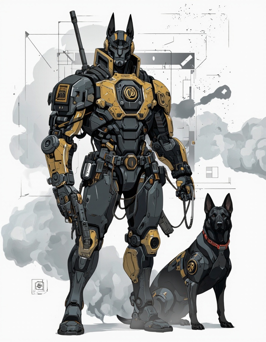 An illustration in Igoratuk style. A highly detailed digital illustration of a muscular,  humanoid robot with a black and...
