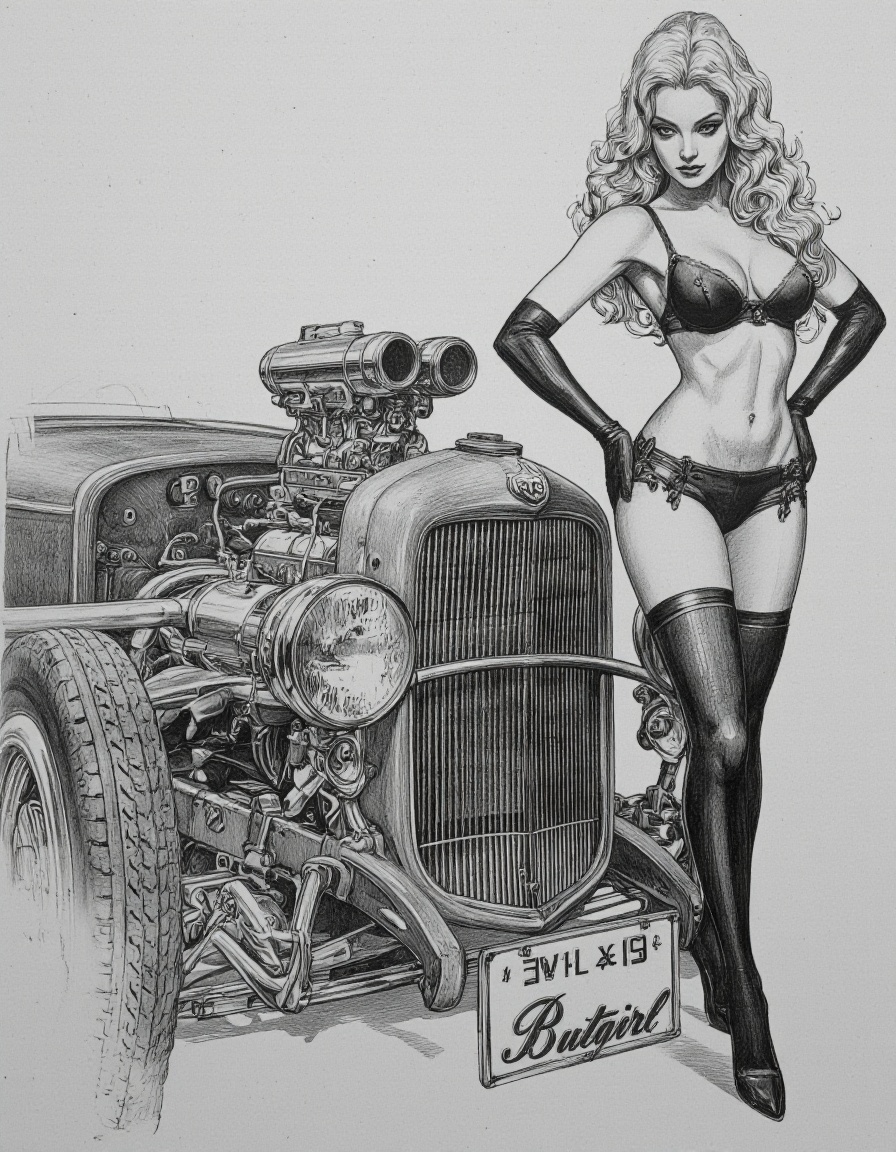 An illustration in Igoratuk style. A black and white pencil sketch of a woman standing next to a 1932 Ford Model A Hot Rod...