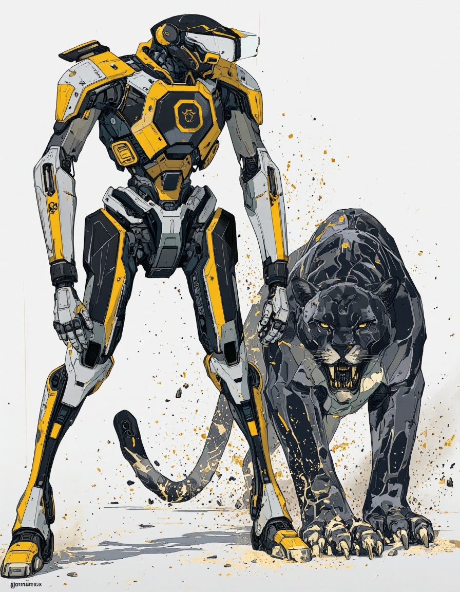 An illustration in Igoratuk style. A digital illustration of a futuristic,  humanoid robot with a black and yellow color s...