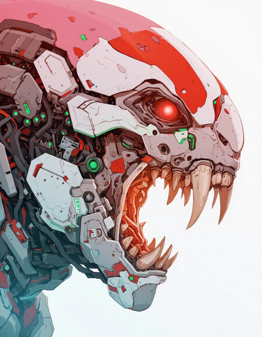 An illustration in Igoratuk style. A highly detailed digital illustration of a futuristic,  red and white alien creature w...