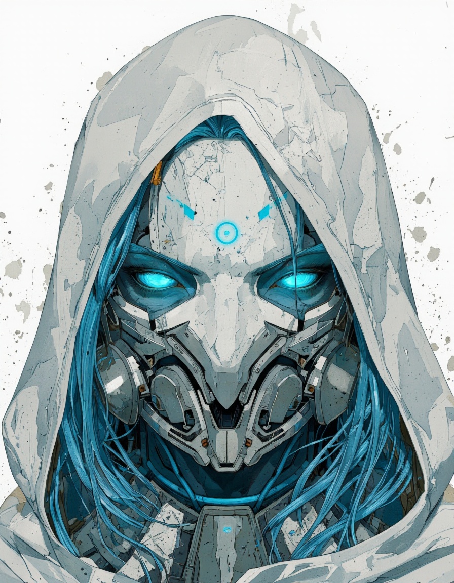 An illustration in Igoratuk style. A digital illustration of a futuristic,  sci-fi character with glowing blue eyes and a...