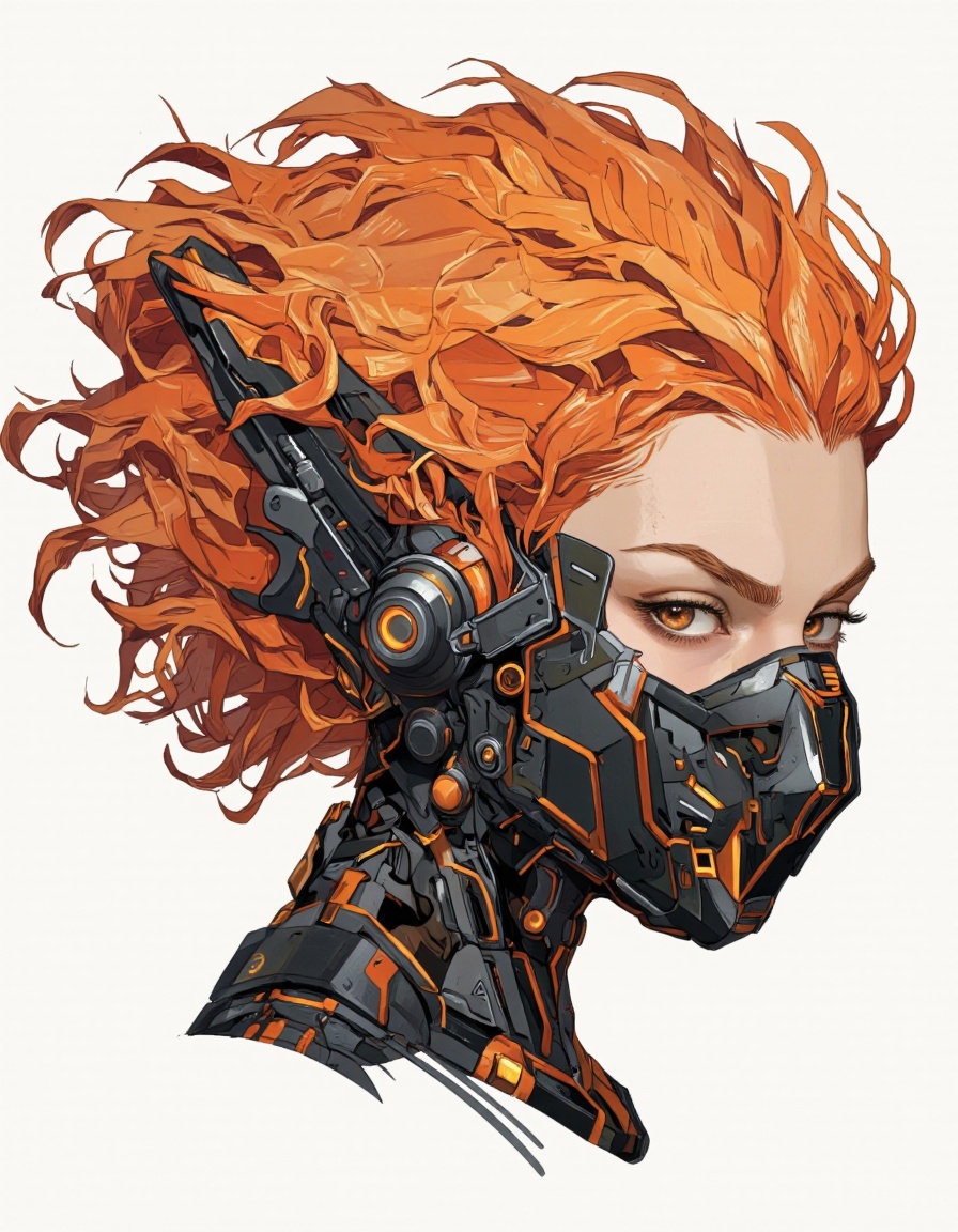 An illustration in Igoratuk style. A digital illustration of a futuristic female character with short,  fiery orange hair...