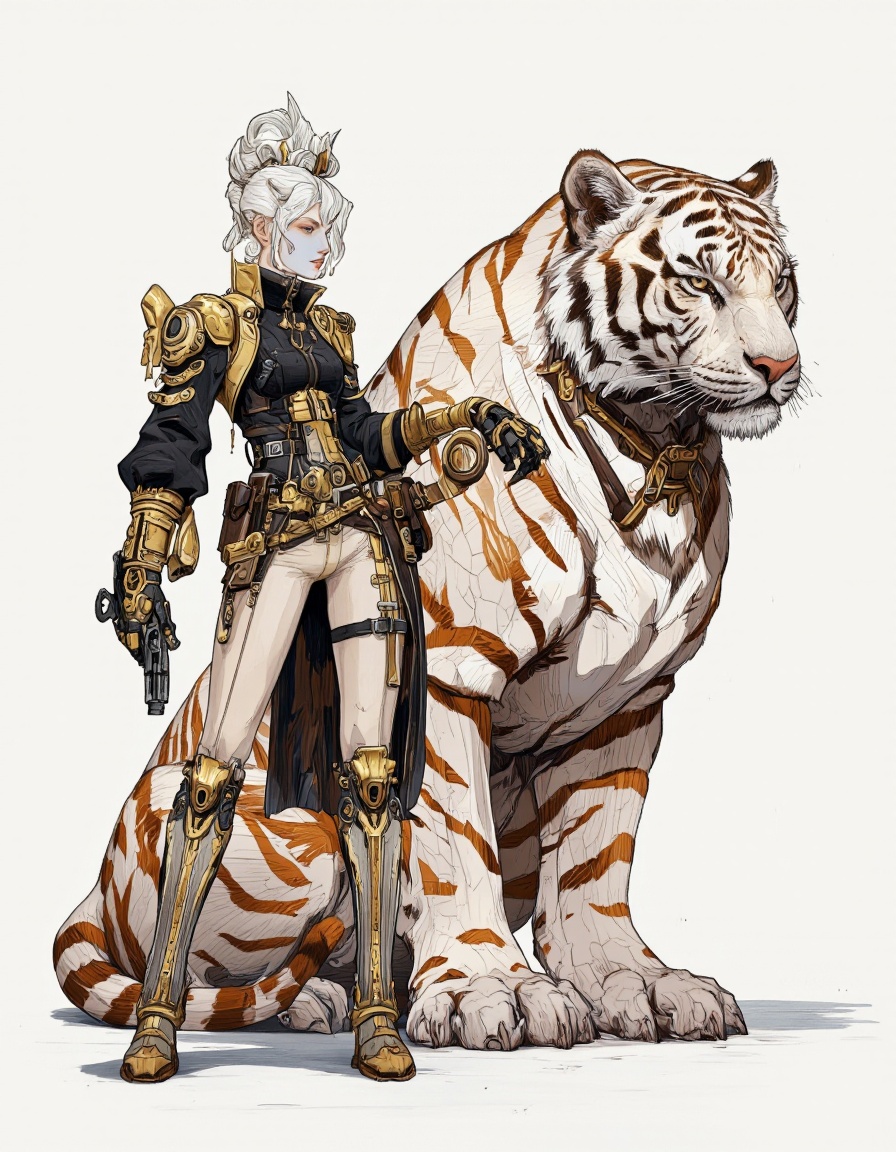 An illustration in Igoratuk style. A digital illustration of a futuristic female character with white hair styled in a sle...
