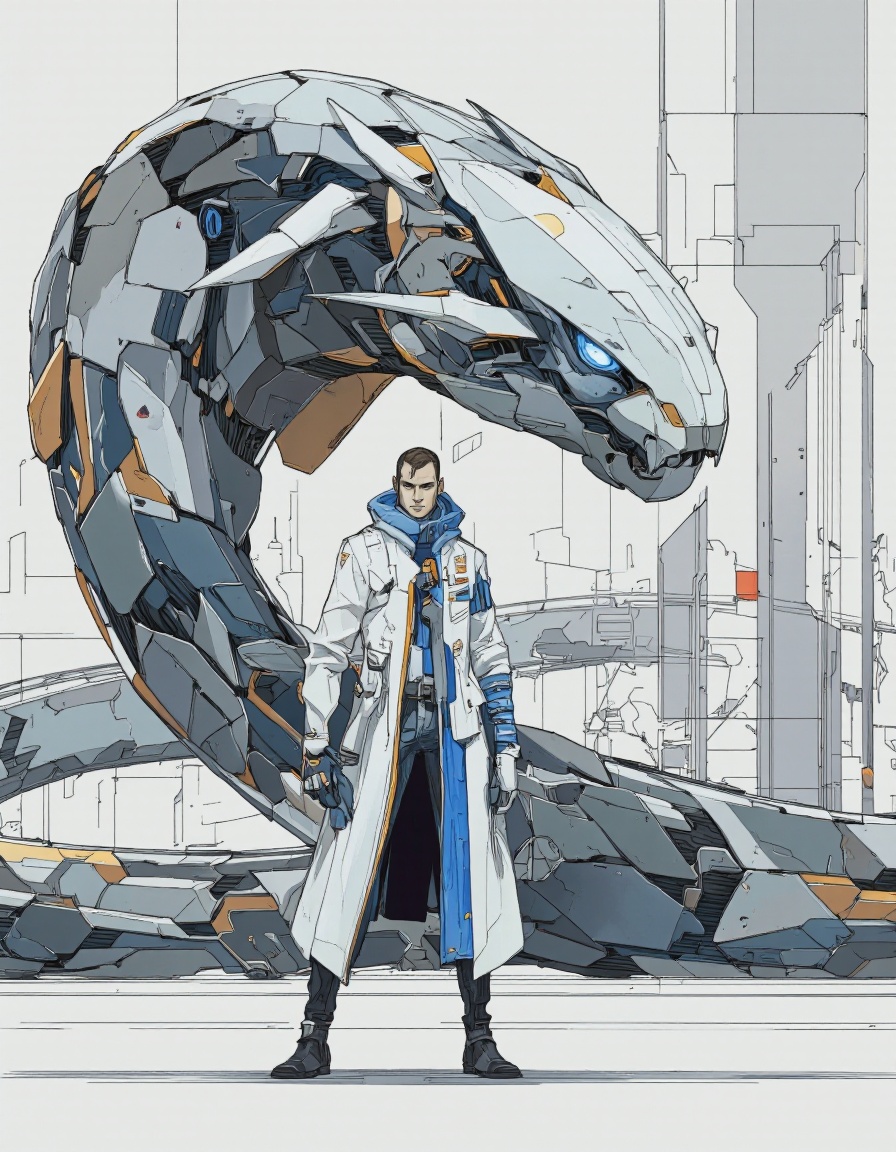 An illustration in Igoratuk style. A digital illustration of a futuristic,  sci-fi character standing in front of a large,...
