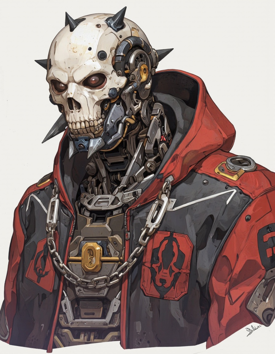 An illustration in Igoratuk style. A highly detailed digital illustration of a humanoid robot with a skull-like face and s...