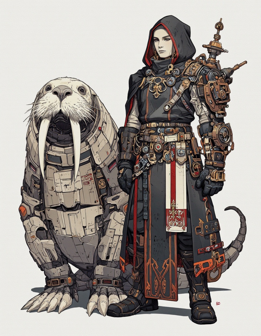 An illustration in Igoratuk style. A digital illustration of a futuristic,  sci-fi character with a walrus companion. The...