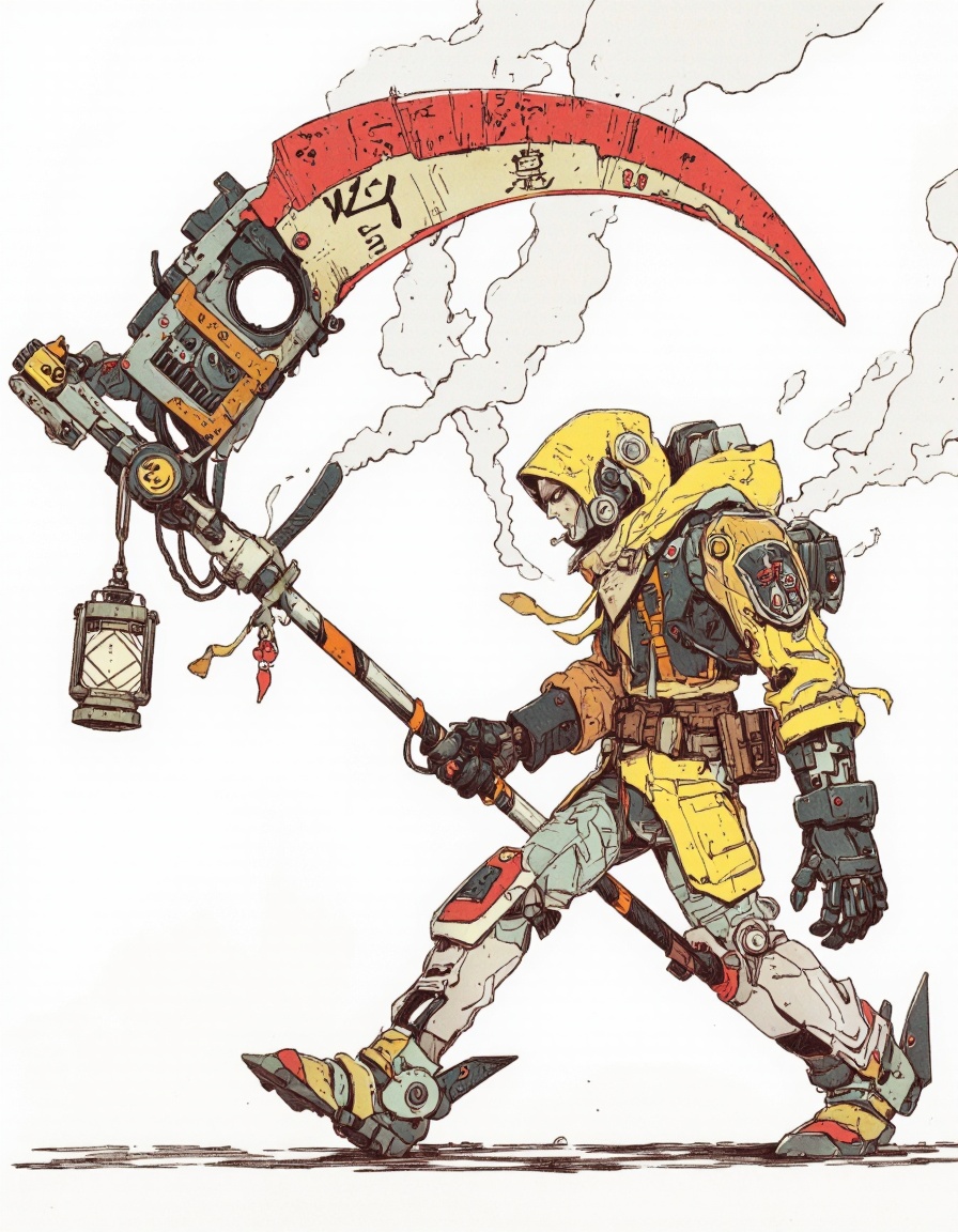An illustration in Igoratuk style. A digital illustration of a humanoid robot with a scythe,  wearing a yellow and black o...