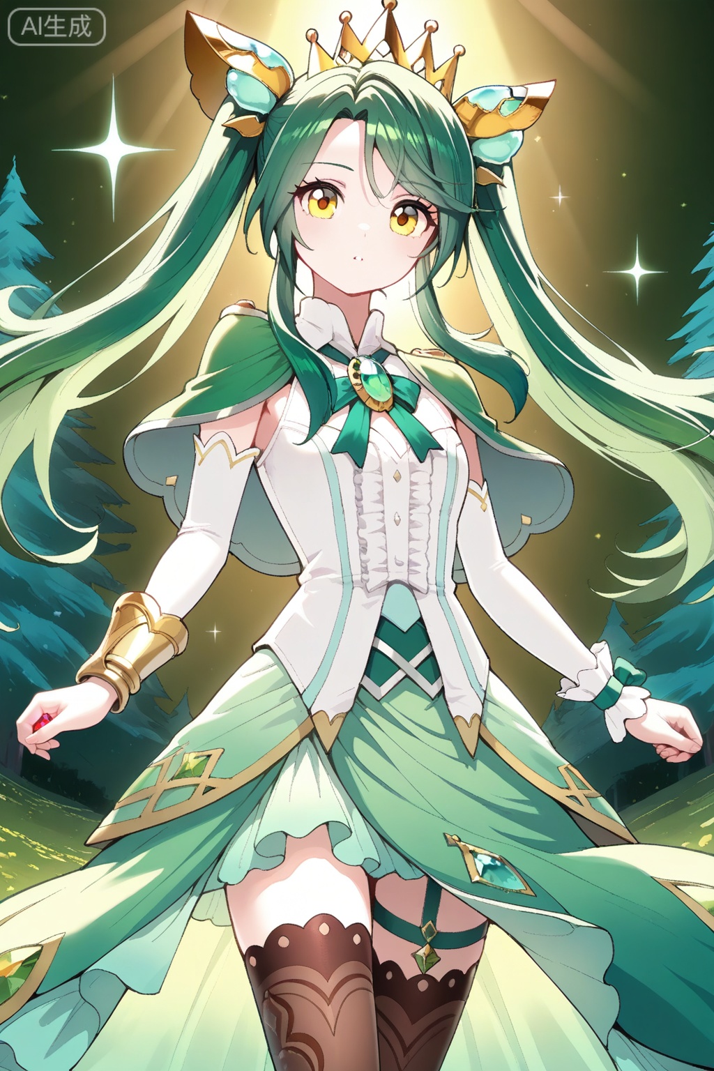 
Random scene,Random scene,

dreamy atmosphere, soft illumination, ethereal glow, sparkling lights, pastel gradients, fantasy lighting
upper body,looking at viewer,
冰帝,masterpiece,best quality,official art,extremely detailed CG unity 8k wallpaper,1girl, solo, yellow eyes, long hair, green hair, parted bangs, side bangs, layered hair, twin tails, hair ornament, crown, golden crown,white corset top, frilled front, green skirt overlay, long skirt, detached green back drape, mini shoulder cape, green shoulder cape, green chest ribbon, 
decorative gem brooch,black thigh-highs, patterned thigh-highs, thigh straps, ornamental bracers, segmented white cuffs, elbow-length decorative armguards, 