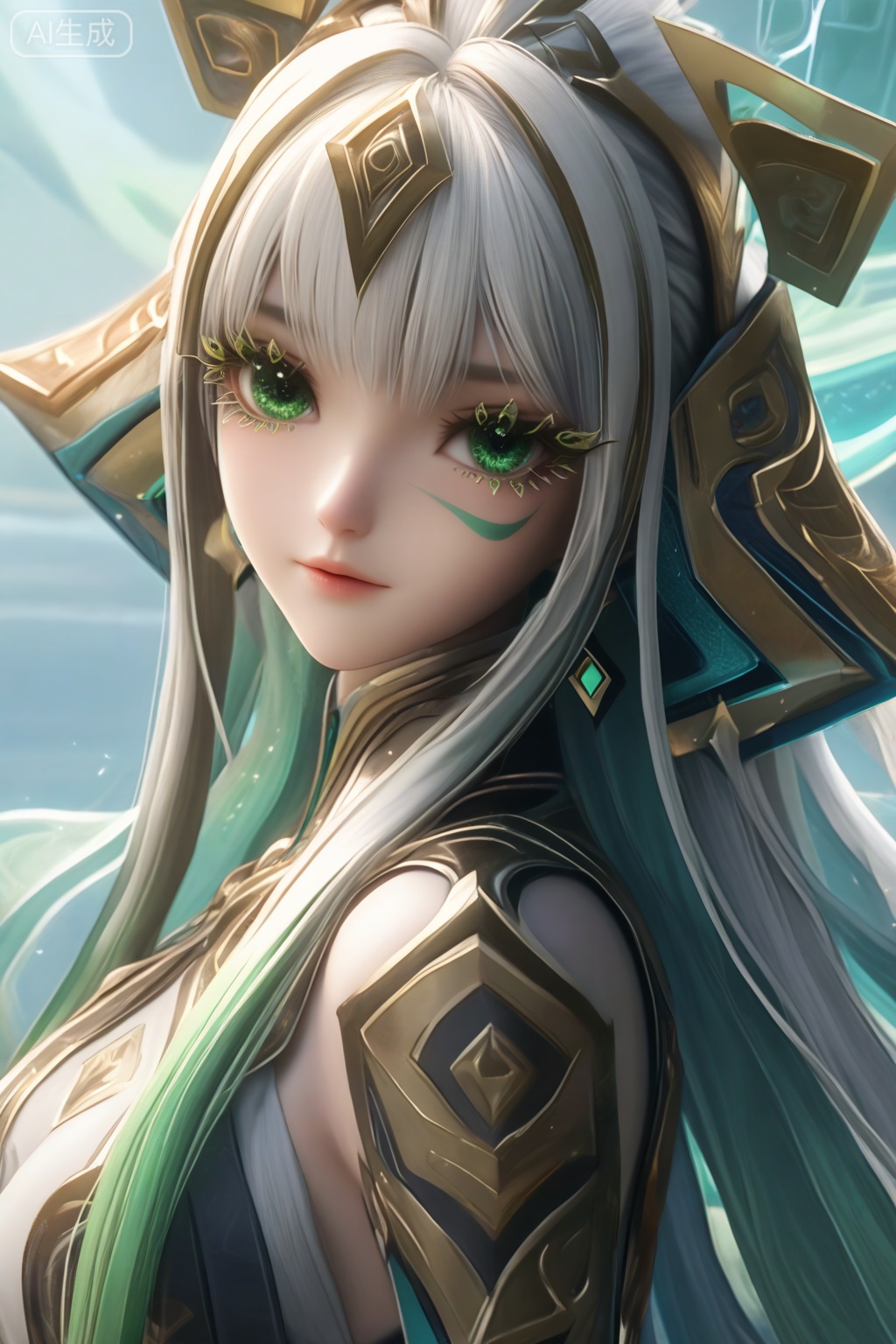 masterpiece, best quality, masterpiece,best quality,official art,extremely detailed CG unity 8k wallpaper,1girl,solo,long hair,hair ornament,headpiece,facial mark,looking at viewer,bangs,white hair,very long hair,green eyes,multicolored hair,grey hair,gradient hair,eyelashes,medium breasts,cowboy shot