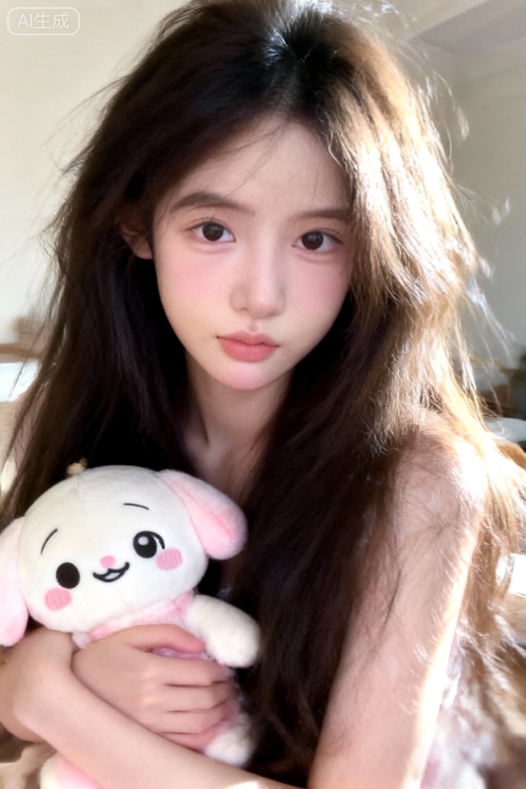 一位可爱的年轻亚洲女孩,留着黑棕色长发及腰,怀抱一个带有粉色腮红、卡通表情的白色毛绒玩具。她身处光线柔和的室内空间,自然光营造出温柔的高光效果,整体氛围温暖、纯真且惬意,风格写实,还原细腻的皮肤质感与柔和的焦点细节。" ,日常快照,手机后置摄像头随手一拍的快照,略带点快门速度不够导致的运动模糊,构图混乱,体现出一种平庸和日常感,无镜头畸变,无任何刻意的构图,非精心构图或打光,无任何精准的参数调校,导致暗部曝光不足,产生噪点。35定焦摄影,超高细节精度,保留轻微噪点,高光不过曝,阴影有细节,绝妙构图,局部高清,构图歪斜毫无设计感,夸张镜头感,因阳光不均或室内光线问题,存在轻微过曝现象,同时还有轻微运动模糊,就像用iPhone 随手一拍,却真实记录下了这日常、闲适又轻松的一刻,充满生活的原汁原味。； 非摆拍,突出自然肌肤状态,线条清晰,皮肤真实,不对称美学,朦胧感,面部阴影,凌乱发丝拂面,心机拍照风格,甜美风穿搭,韩系白开水妆容,鬓角发丝凌乱自然垂落。写实摄影风格,非商业修图,保留轻微的噪点,高光不过曝,阴影有细节