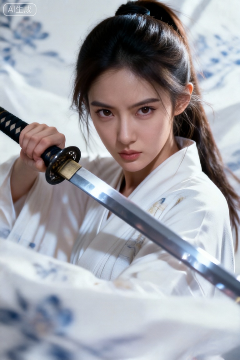 this is a photograph of an asian woman with long, dark brown hair tied in a high ponytail, wearing a white traditional kimono, she is holding a shiny, silver katana with a black handle, positioned diagonally across the foreground, her intense brown eyes are focused forward, and her expression is determined, the background features a blurred, white fabric with delicate, blue floral patterns, adding a sense of motion and depth, the lighting is soft, highlighting her face and the blades reflection, the overall composition emphasizes her readiness and martial prowess, with a focus on her focused gaze and the gleaming katana