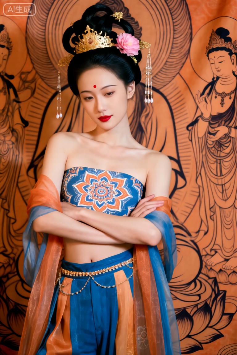 photograph of an east asian woman with fair skin and delicate features, wearing traditional asian attire, she has black hair styled in an elaborate updo adorned with a gold crown, pink flower, and hanging beads, her strapless blue top features intricate orange and white mandala patterns, and she wears matching blue and orange pants with a beaded belt, she has red lipstick and a small red dot on her forehead, the background is a teal-green tapestry with black line art of buddhist deities, her arms are crossed, and a sheer orange and blue wrap drapes over her shoulders, the overall style is elegant and culturally rich