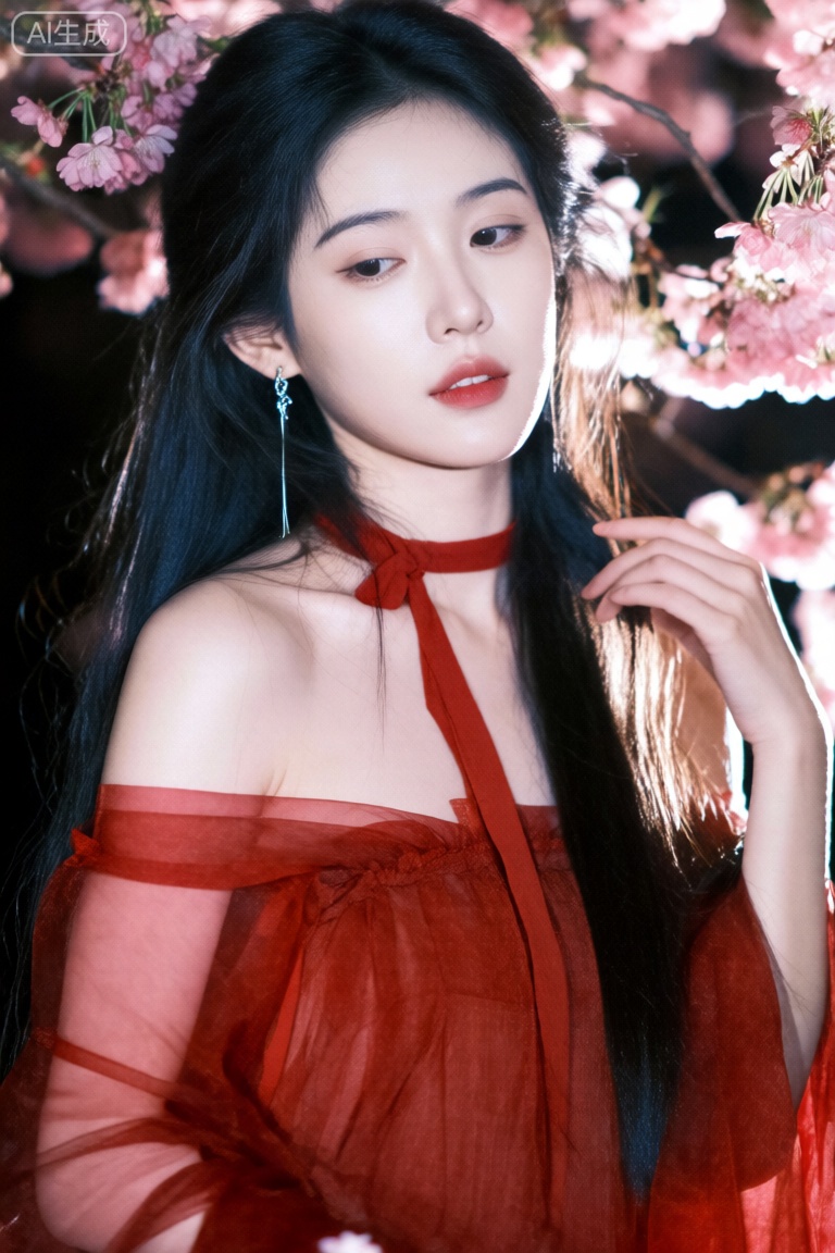 this is a photograph of an east asian woman with long, straight black hair, wearing a sheer, off-the-shoulder red chiffon dress with a red ribbon tied around her neck, she has fair skin, delicate features, and is wearing metallic, dangling earrings, her lips are painted a subtle red, matching her dress, she is surrounded by pink cherry blossom branches in full bloom, with soft light illuminating her face from the right, the background is dark, making the cherry blossoms and her figure stand out, her expression is serene, and she is gently touching her hair with her right hand, the overall mood is ethereal and romantic