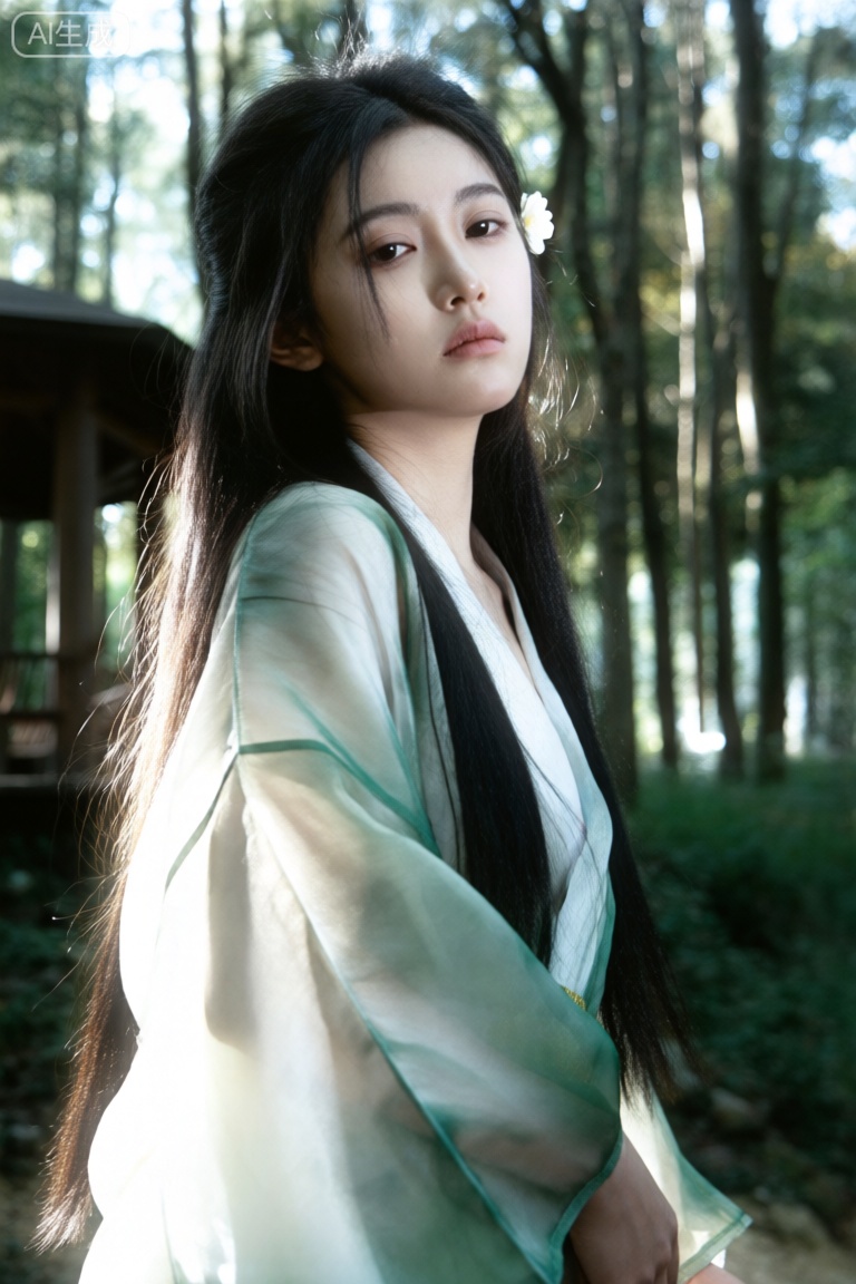 photograph of an east asian woman with long, straight black hair adorned with a small white flower, she has fair skin and delicate features, with a calm, slightly melancholic expression, she is wearing a sheer, greenish-white kimono with translucent sleeves, which gently drapes over her slender frame, the background is a forest with tall, thin trees and dappled sunlight filtering through the leaves, a wooden pavilion is partially visible to the left, the light creates a soft, ethereal glow around her, enhancing the serene and natural atmosphere, the image has a soft, almost dreamlike quality, with a focus on natural beauty and tranquility