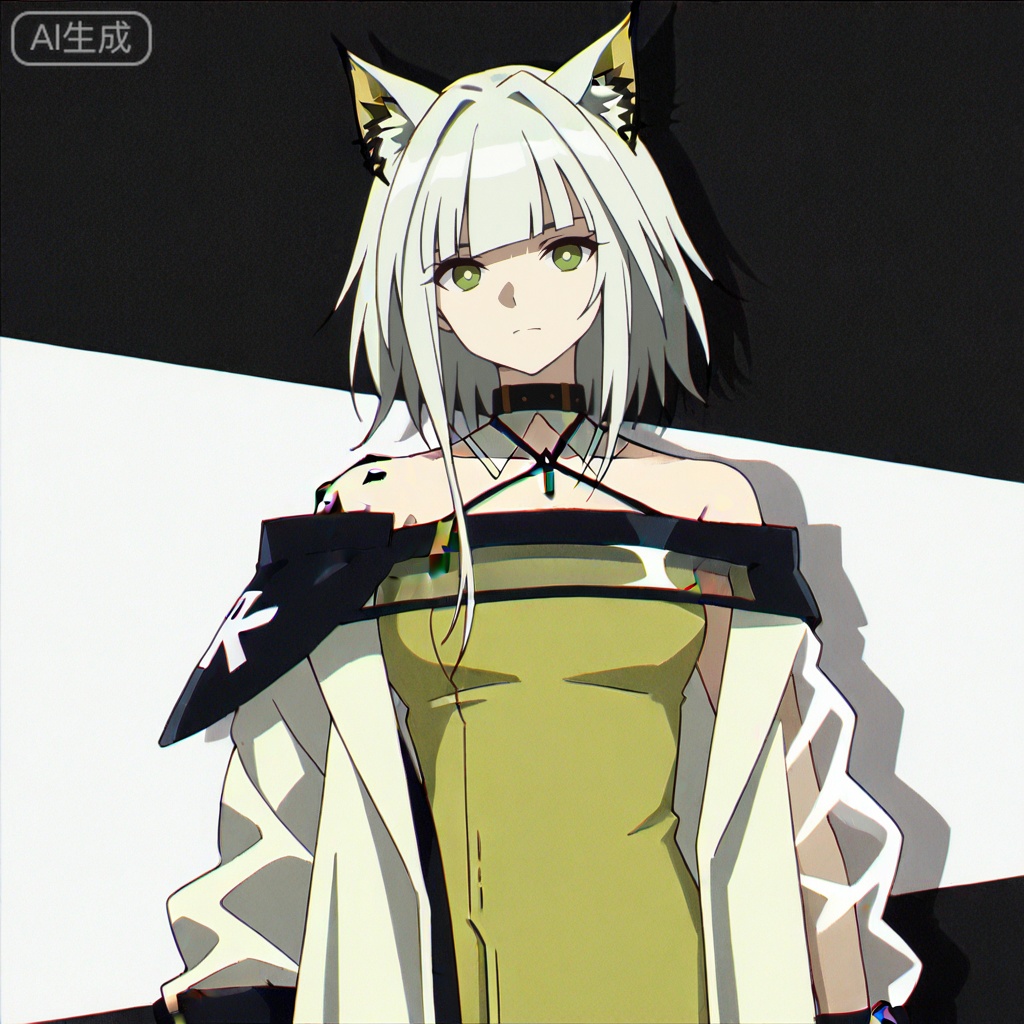 masterpiece, best quality,solo,white background,simple_background,kal'tsit (arknights),ANIME_STYLE,animal ear fluff,Animal ears,short hair,blunt bangs,sidelocks,bangs,green eyes,green hair,cat ears,oripathy lesion \(arknights\),boots,long sleeves,jewelry,off shoulder,bare shoulders,coat,see-through,halterneck,brown footwear,green dress,watch,off-shoulder dress,wristwatch