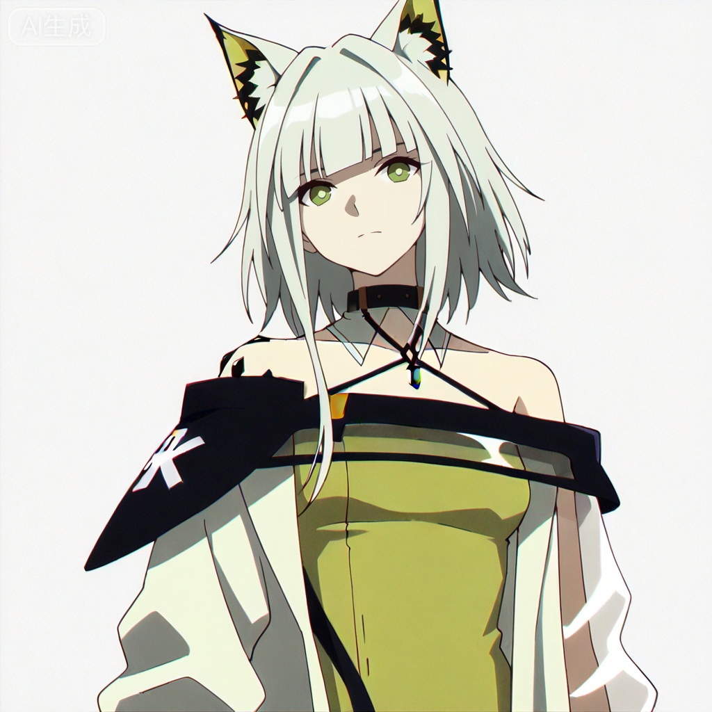 masterpiece, best quality,solo,white background,simple_background,kal'tsit (arknights),ANIME_STYLE,animal ear fluff,Animal ears,short hair,blunt bangs,sidelocks,bangs,green eyes,green hair,cat ears,oripathy lesion \(arknights\),boots,long sleeves,jewelry,off shoulder,bare shoulders,coat,see-through,halterneck,brown footwear,green dress,watch,off-shoulder dress,wristwatch