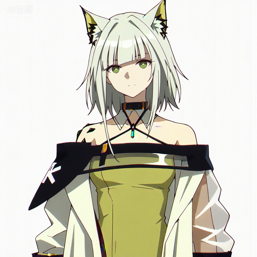 masterpiece, best quality,solo,white background,simple_background,kal'tsit (arknights),ANIME_STYLE,animal ear fluff,Animal ears,short hair,blunt bangs,sidelocks,bangs,green eyes,green hair,cat ears,oripathy lesion \(arknights\),boots,long sleeves,jewelry,off shoulder,bare shoulders,coat,see-through,halterneck,brown footwear,green dress,watch,off-shoulder dress,wristwatch