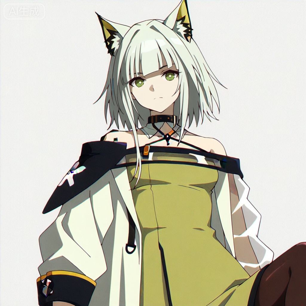 masterpiece, best quality,solo,white background,simple_background,kal'tsit (arknights),ANIME_STYLE,animal ear fluff,Animal ears,short hair,blunt bangs,sidelocks,bangs,green eyes,green hair,cat ears,oripathy lesion \(arknights\),boots,long sleeves,jewelry,off shoulder,bare shoulders,coat,see-through,halterneck,brown footwear,green dress,watch,off-shoulder dress,wristwatch