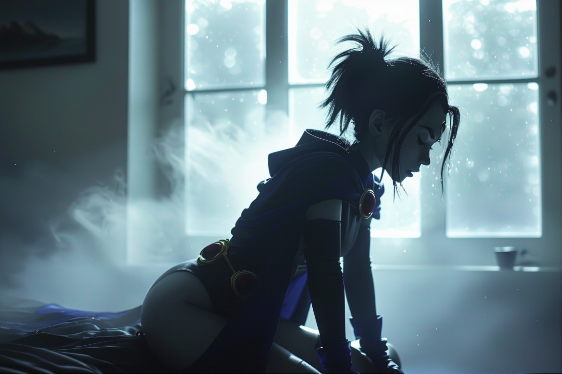 *******. A girl in a sun-lit room,  captured in a candid moment. She is wears her cloak and leotard with long black gloves...