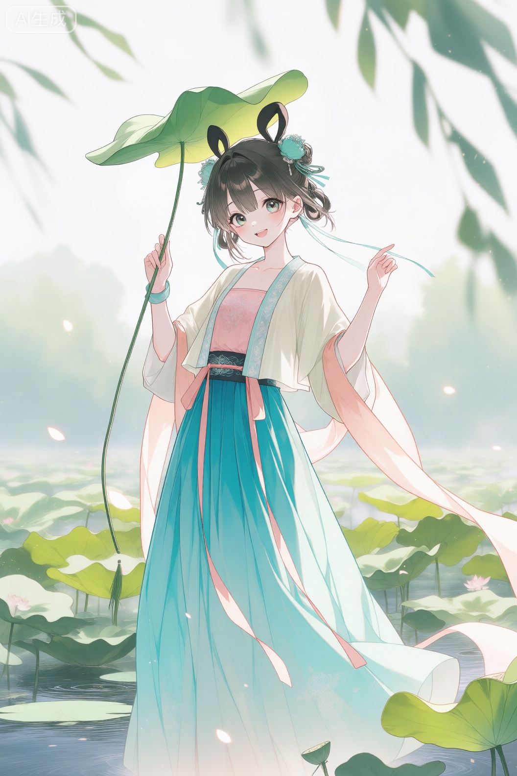 数字动漫风格,数字动漫风格的插画,描绘了一位身着古风汉服的少女,置身于清新自然的荷塘环境中,整体画面充满诗意与灵动之美。

她身穿一袭淡雅的汉服,外披米白色轻纱短衫,衣襟绣有精致的花纹,内搭粉色抹胸,下身是浅蓝色渐变的宽袖长裙,腰间系着同色系丝带,整体色调柔和清丽,宛如从画中走出的仙子。她的发髻高挽,点缀着青翠的发饰和一对可爱的黑色兔耳造型,增添了几分俏皮与萌趣。

她右手持一根长长的荷叶柄,将一片硕大的绿色荷叶举在头顶,仿佛当作遮阳伞,左手轻轻抬起,指尖微翘,姿态优雅而活泼。她面带微笑,眼神明亮温柔,流露出天真烂漫的气息,仿佛正享受着夏日的宁静时光。

背景是一片朦胧的荷塘,绿意盎然,水波荡漾,光影斑驳,营造出一种梦幻般的氛围。阳光透过树叶洒下点点光斑,与人物的柔美线条相映成趣,增强了画面的层次感与浪漫情调。

整幅作品以数字动漫风格呈现,色彩柔和细腻,光影处理自然,人物表情生动传神,融合了古典美学与现代动漫的审美特点,展现出一种清新脱俗、如诗如画的东方意境。