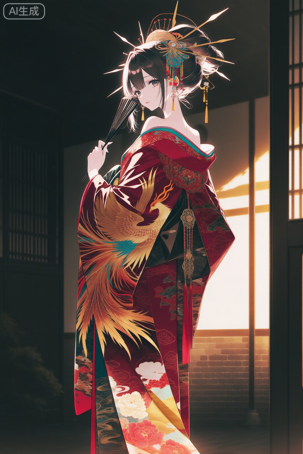 数字动漫风格,数字动漫风格的插画,描绘了一位身着华丽和服的女性角色,整体氛围典雅而神秘,充满东方古典韵味。

她身穿一件精致繁复的振袖和服,主色调为深红与金色交织,布料上绣有精美的凤凰图案,羽翼舒展,栩栩如生,象征高贵与祥瑞。和服上还点缀着牡丹、云纹等传统纹样,细节丰富,色彩浓烈而不失和谐。衣襟边缘饰以红色流苏与金线刺绣,更添华贵气质。

她的发髻高耸,装饰着复杂的传统发饰,包括金色簪子、垂珠与彩带,展现出极高的身份地位。头饰在阳光照射下闪烁微光,与柔和的光影形成对比,营造出梦幻般的视觉效果。

她右手轻握一把细长的黑色折扇,姿态端庄优雅,神情沉静而略带冷艳,目光直视前方,仿佛在凝望远方或等待某人。她的面容精致,五官立体,肤色白皙,唇色淡红,透露出一种古典美人特有的清冷与矜持。

背景是一处日式传统建筑的庭院,隐约可见木质屏风与砖墙,暖黄色的光线从一侧洒落,勾勒出人物轮廓,形成强烈的明暗对比,增强了画面的层次感与戏剧性。

整幅作品以数字动漫风格呈现,线条细腻流畅,色彩饱满且富有质感,融合了传统日本文化元素与现代艺术表现手法,展现出一种唯美、庄重又略带神秘的东方美学意境。