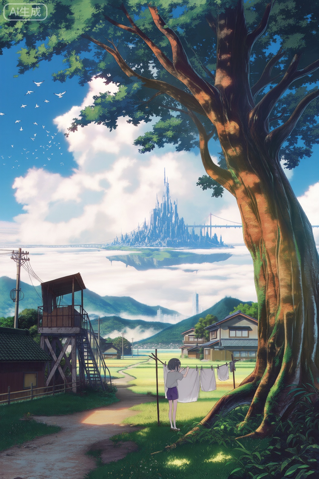数字动漫风格,数字动漫风格的插画,画面呈现出一种宁静而略带神秘感的田园与幻想交织的场景。

画面右侧是一棵巨大的古树,树干粗壮、纹理清晰,树皮呈棕褐色,枝叶繁茂,向天空伸展,仿佛守护着这片土地。树下绿草如茵,生机盎然,阳光透过树叶洒下斑驳光影,营造出温暖而安详的氛围。

在树旁的空地上,一位身穿灰色上衣和紫色短裤的女孩正站在晾衣绳前,双手展开,似乎在整理或欣赏晾晒的白色衣物。她的姿态自然放松,背对观众,给人一种日常生活的温馨感。

画面左侧是一条蜿蜒的小路,通向远处的村庄和建筑。路边有一座破旧的木制结构,像是废弃的瞭望台或小屋,旁边有金属楼梯通向地面。周围散布着几座低矮的房屋,屋顶为瓦片结构,带有日式乡村风格。

远景中,山峦起伏,云雾缭绕,隐约可见一座漂浮在云海之上的巨大城市或岛屿,其轮廓带有未来科技感,高塔林立,桥梁连接,仿佛一个悬浮的乌托邦世界。天空湛蓝,白云朵朵,成群的白鸽在空中自由飞翔,增添了一种祥和与希望的气息。

此外,画面中还点缀着一些现代元素,如电线杆、远处的高楼建筑等,暗示这是一个现实与幻想交融的世界。

整幅作品以数字动漫风格呈现,色彩柔和,线条流畅,构图开阔,融合了自然、人文与科幻元素,营造出一种既熟悉又梦幻的视觉体验