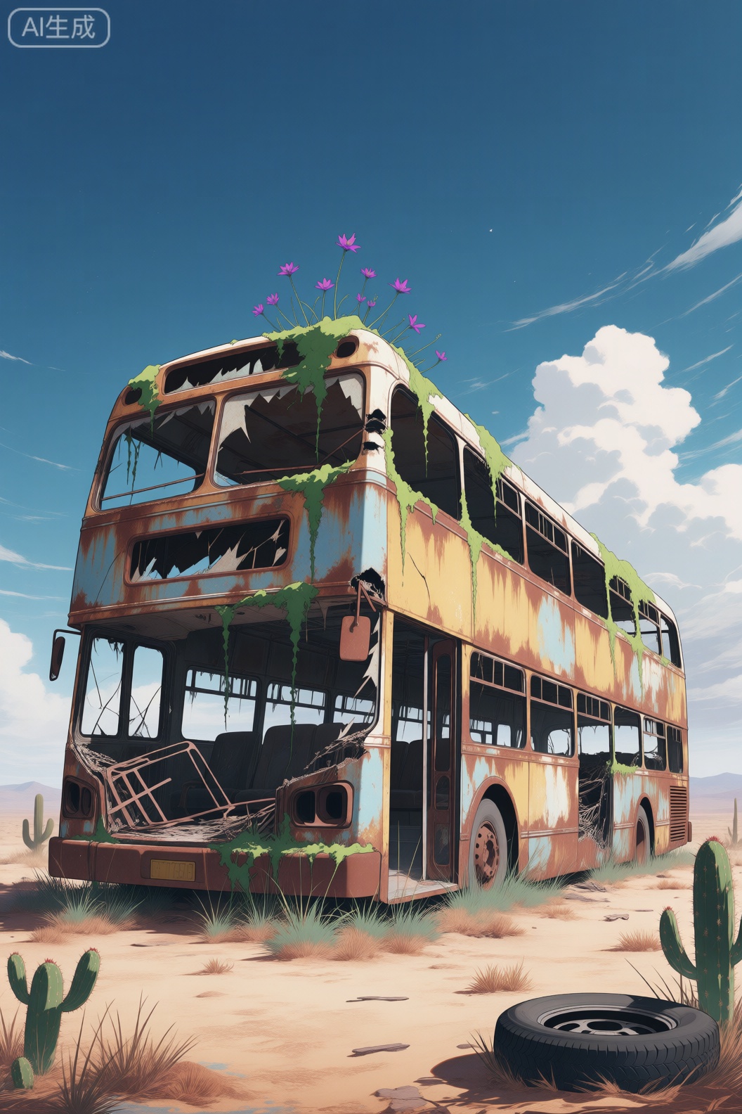 数字动漫风格,数字动漫风格的插画,描绘了一辆废弃在荒野中的双层巴士,整体画面充满末世废土与自然重生的强烈对比感。

巴士车身锈迹斑斑,呈现出黄褐色的金属腐蚀痕迹,车窗已破碎不堪,车顶和侧壁部分坍塌,结构残破,仿佛经历了长久的风沙侵蚀与时间的摧残。车门敞开,内部空无一物,只剩下扭曲的座椅框架和断裂的金属骨架。

令人震撼的是,大自然正在悄然“吞噬”这辆遗弃的机械巨兽——绿色藤蔓从车身缝隙中蔓延而出,攀爬至车顶,甚至在车顶中央生长出几株紫色小花,象征着生命在废墟中顽强复苏。地面上杂草丛生,仙人掌点缀其间,显示出这是一个干旱而荒凉的环境。

背景是广阔的蓝天,白云飘浮,阳光明媚,与前景的荒芜形成鲜明对比,营造出一种静谧却略带哀伤的氛围。地面干燥,散落着一个脱落的轮胎,进一步强调了车辆的废弃状态。