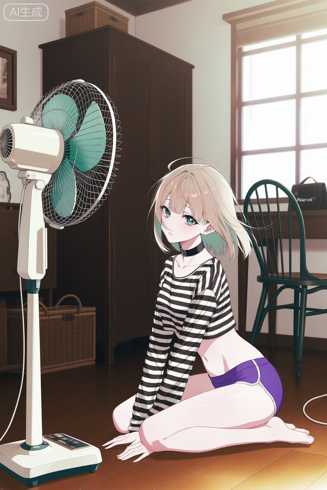 数字动漫风格,一位年轻女性角色在室内温馨场景中的姿态。整体画面充满生活气息与细腻的视觉表现力。

她有着一头柔顺的浅金色短发,刘海自然垂落,眼神清澈而略带一丝俏皮,直视前方,表情冷静中透着几分慵懒。她身穿一件黑白条纹的长袖短款上衣,露出纤细的腰部线条,搭配一条紫色低腰内裤,造型简约又不失性感。脖子上佩戴着一条黑色项圈,增添了一丝个性与时尚感。

她跪坐在木质地板上,双手撑地,身体微微前倾,姿势优雅而富有张力,仿佛正在调整电风扇的位置或只是随意地摆出一个放松的姿态。她的姿态自然流畅,展现出青春活力与柔和曲线的结合。

画面左侧是一台复古风格的立式电风扇,白色机身搭配金属网罩,设计经典,仿佛在为房间带来清凉。背景中可以看到深色木制衣柜、藤编篮子、铁艺桌椅以及一个印有“Polaroid”字样的黑色相机包,营造出一种怀旧而温馨的家庭氛围。阳光从窗户洒入,照亮了整个空间,光影柔和,增强了画面的层次感与真实感。

整幅作品以数字动漫风格呈现,色彩明快,细节精致,人物比例协调,线条流畅,融合了现代家居元素与角色的时尚造型,展现出一种兼具日常感与艺术美感的独特视觉体验。