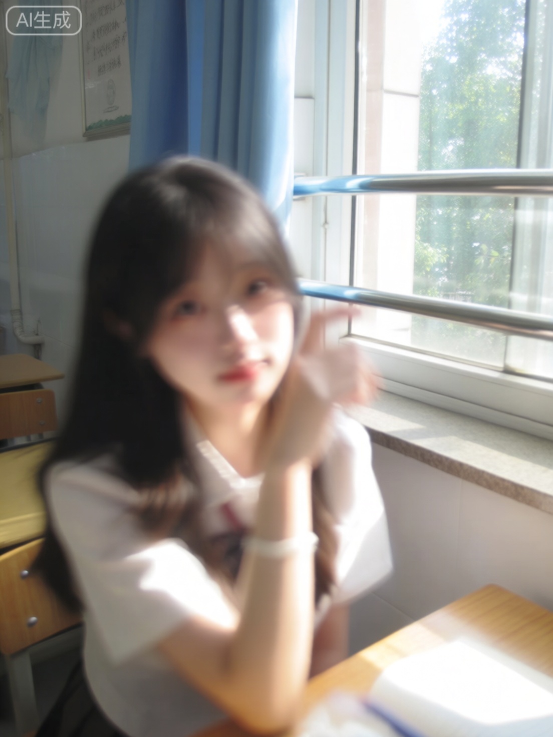 日常快照风格,模糊画质,随手拍摄,非精心构图或打光,大学美女,纯欲风,坐在学校课桌上,旁边是窗户,阳光透过窗户照亮脸部,摆着pose,自然光线,生活化氛围。


